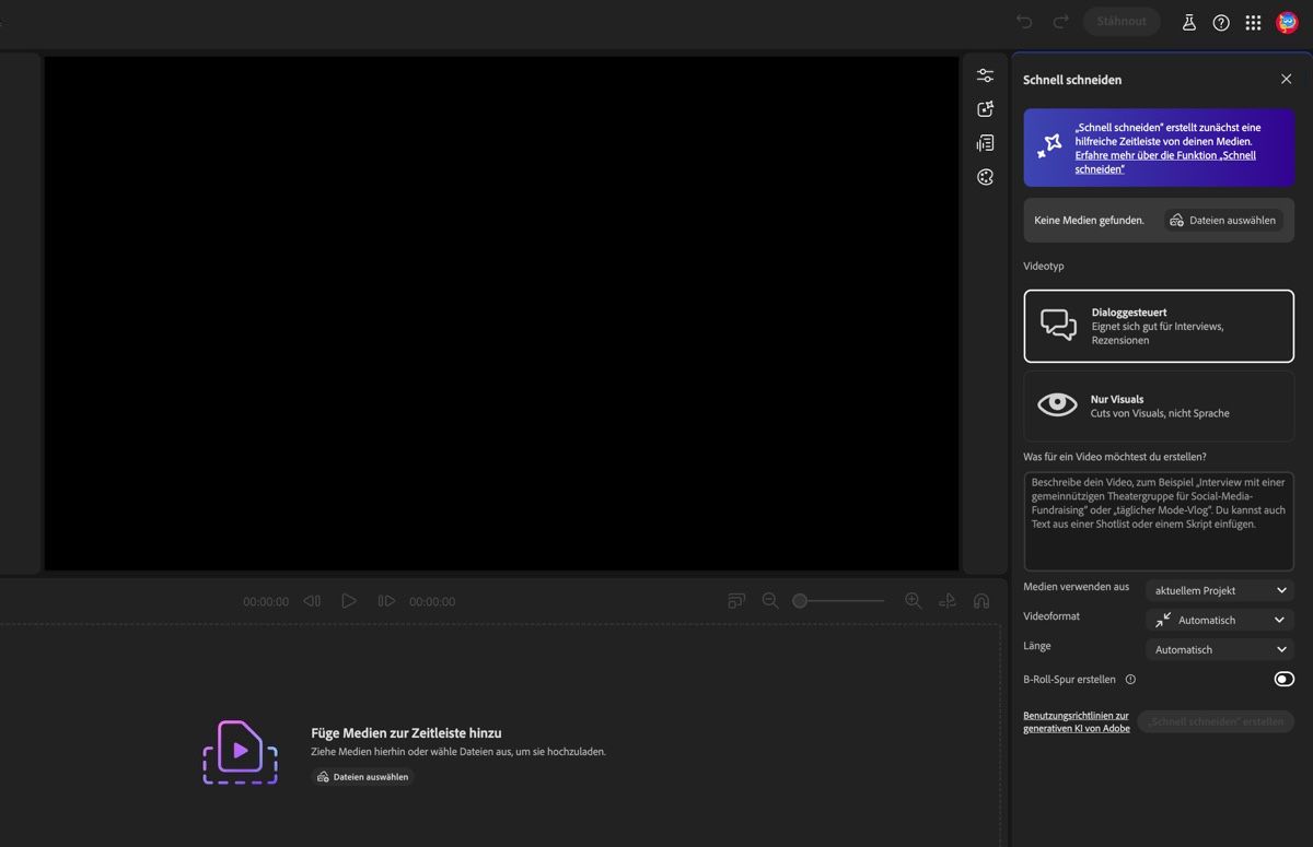 Der Firefly Video-Editor-Assistent ist offen, und es gibt Optionen, um Einstellungen für die Grobschnitt-Generierung festzulegen und eine Beschreibung hinzuzufügen.