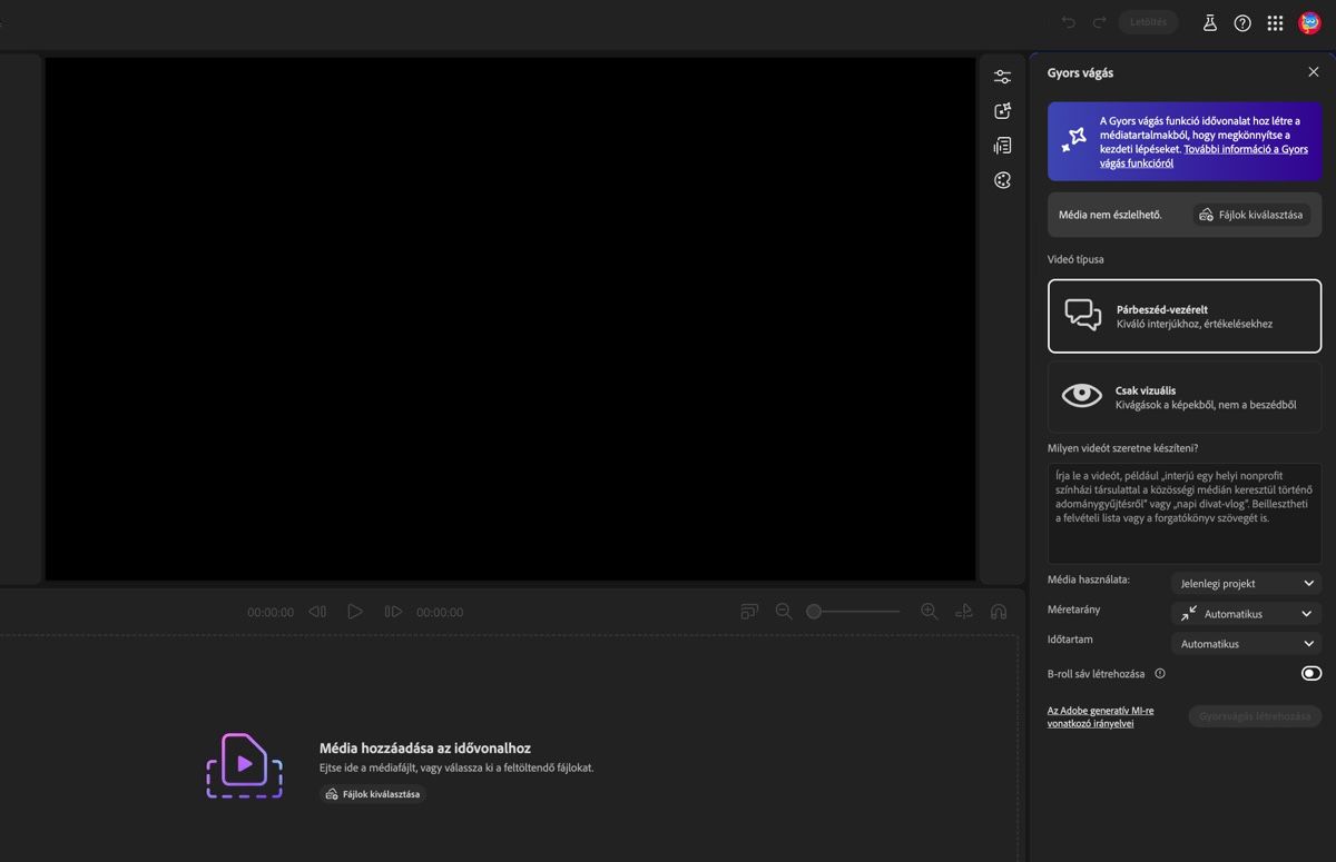 A Firefly Video (szerkesztő) Asszisztens funkciója nyitva van, és a durva vágás létrehozási beállításainak megadására és utasítás hozzáadására szolgáló lehetőségek láthatók.