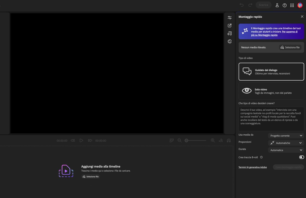 L'assistente dell'editor video Firefly è aperto e ci sono delle opzioni per specificare le impostazioni di generazione del montaggio preliminare e aggiungere un prompt.