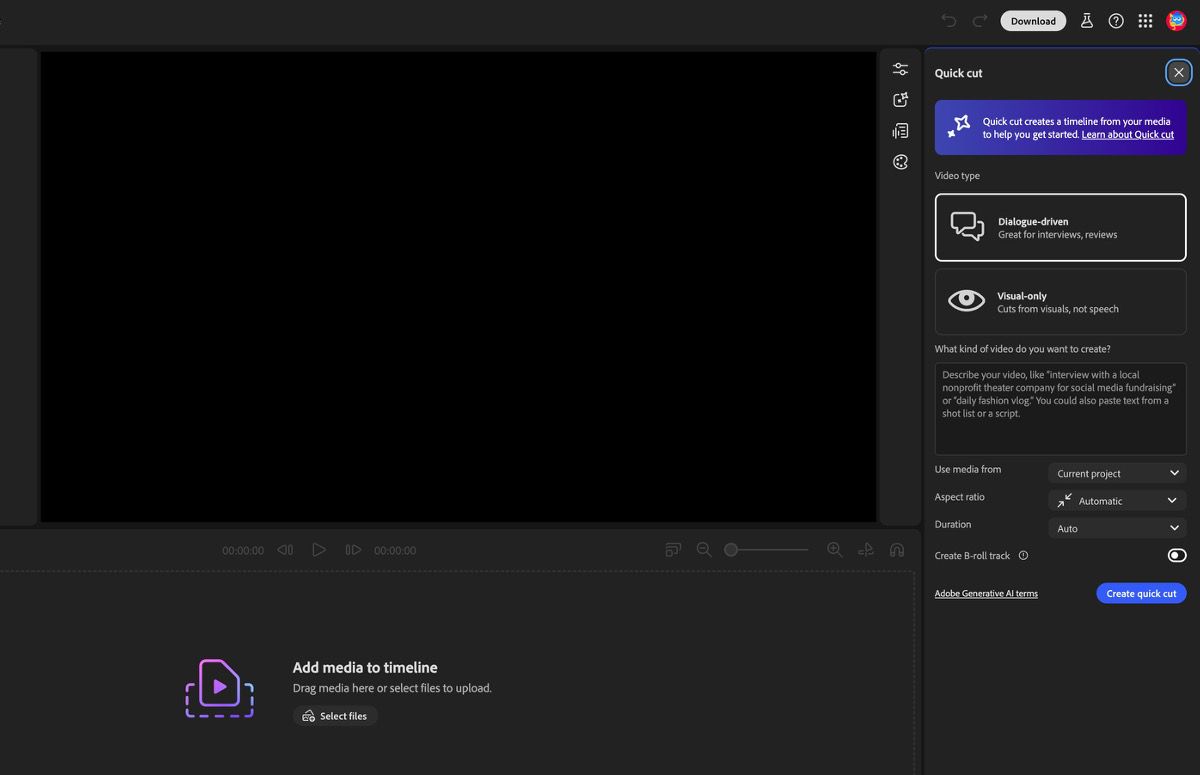 The Firefly video editor Assistant is open, and there are options to specify rough cut generation settings and add a prompt.