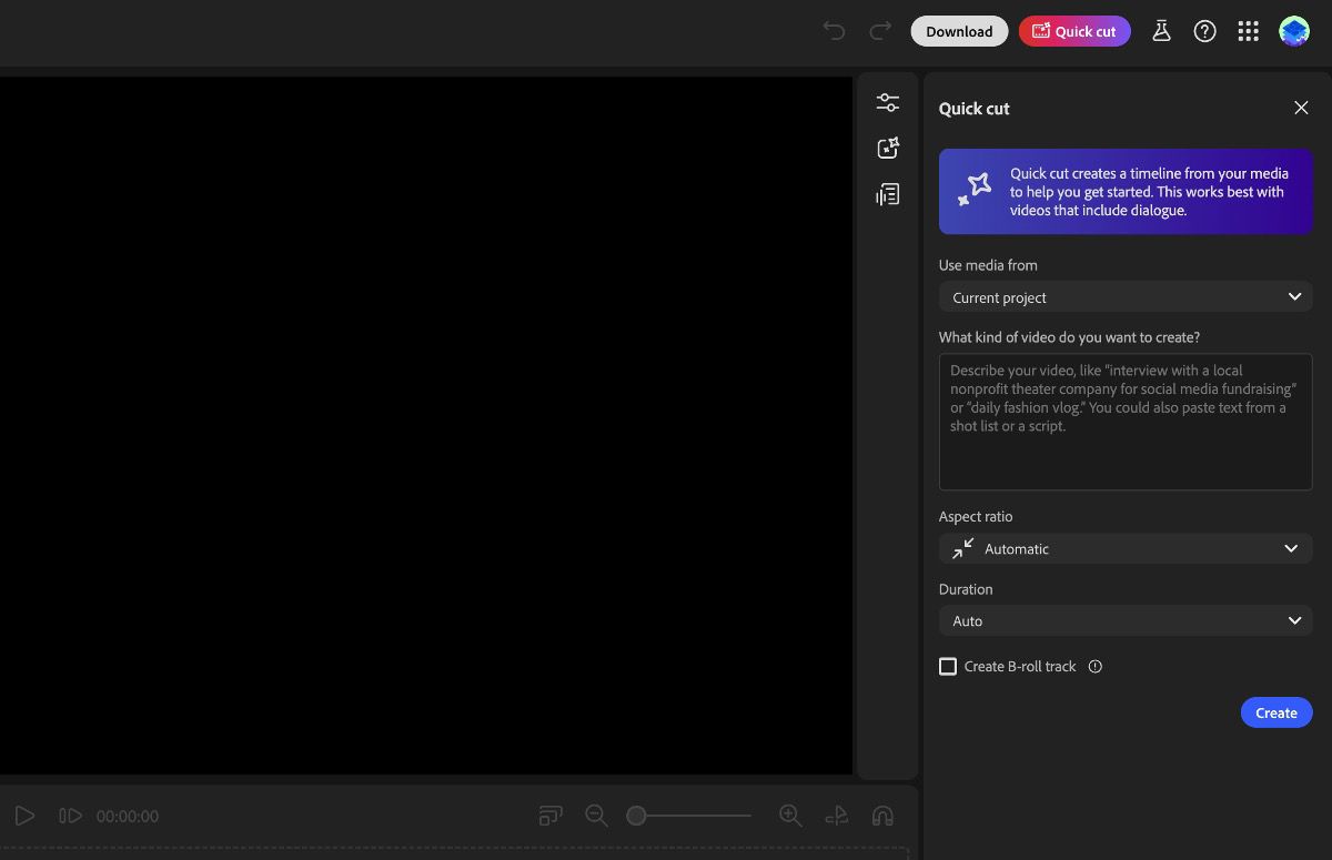 A Firefly Video (szerkesztő) Asszisztens funkciója nyitva van, és a durva vágás létrehozási beállításainak megadására és utasítás hozzáadására szolgáló lehetőségek láthatók.