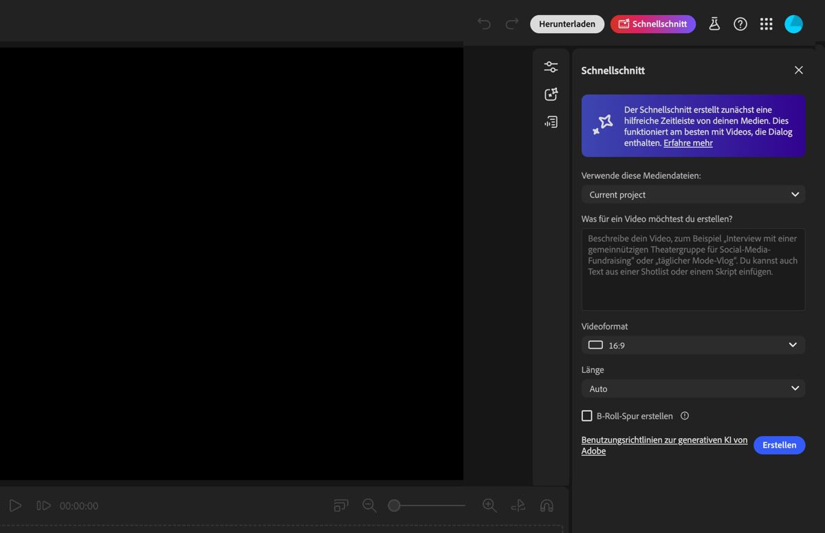 Der Firefly Video-Editor-Assistent ist offen, und es gibt Optionen, um Einstellungen für die Grobschnitt-Generierung festzulegen und eine Beschreibung hinzuzufügen.
