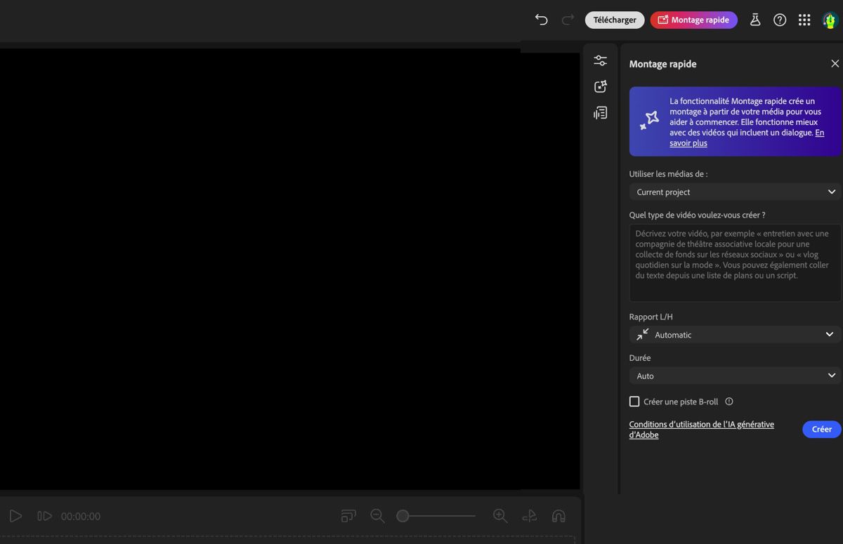 L’assistant de l’éditeur de vidéos Firefly est ouvert, et des options sont disponibles pour spécifier les paramètres de génération du premier montage et ajouter un prompt.