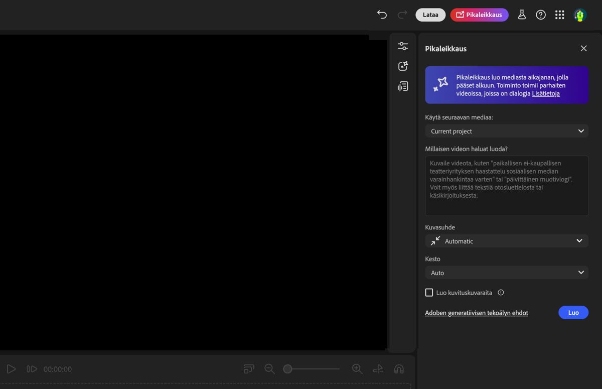 Fireflyn videoeditorin avustajatoiminto on avattuna, ja näkyvissä on alustavan videoluonnoksen generoinnissa määritettävät asetukset sekä tekstiruutu, johon voi lisätä kehotteen.