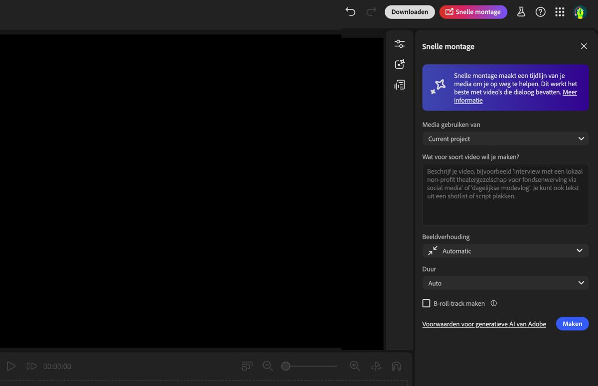 De Assistent van de video-editor van Firefly is geopend en je ziet opties voor het opgeven van instellingen voor het genereren van de eerste cut en het toevoegen van een opdracht.