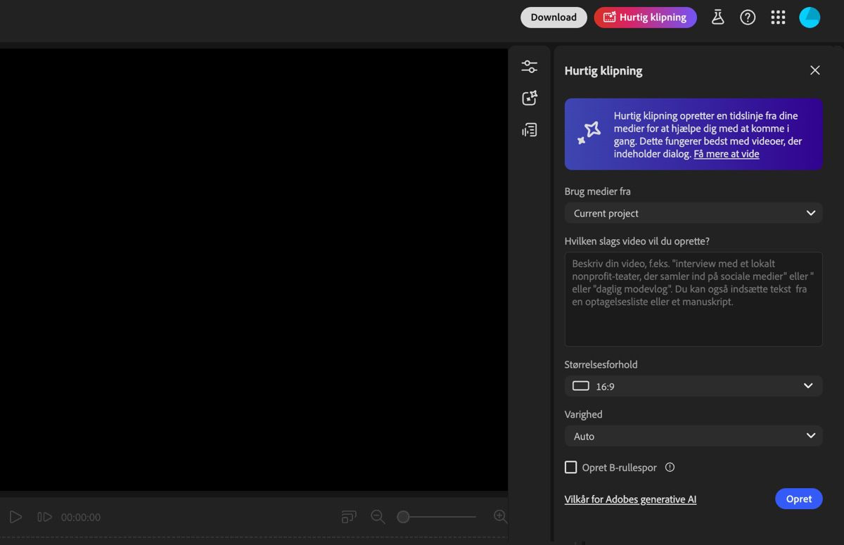 Firefly-videoeditorassistenten er åben, og der er muligheder for at specificere indstillinger for råklip-generering og tilføje en prompt.