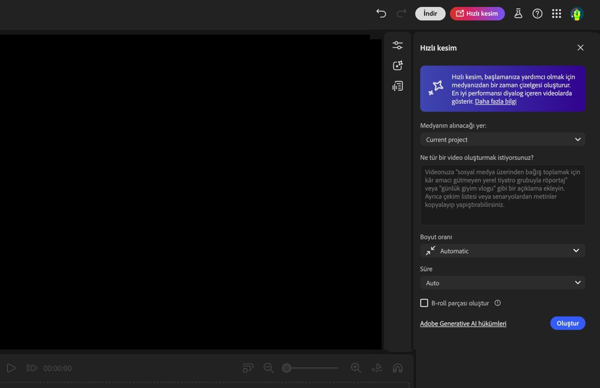 Firefly video düzenleyici Asistanı açıktır ve kaba kesim oluşturma ayarlarını belirlemek ve istem eklemek için seçenekler vardır.