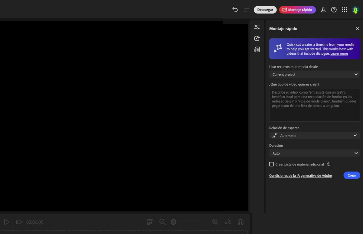 El Asistente del editor de vídeo de Firefly está abierto y ofrece opciones para especificar la configuración de generación del corte preliminar, así como para añadir una indicación.