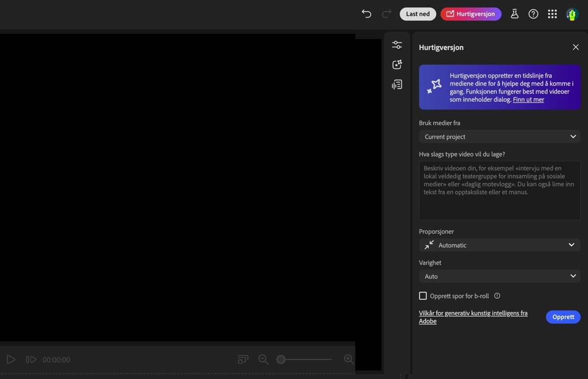 Firefly video editor-assistenten er åpen, og det finnes alternativer for å spesifisere innstillinger for generering av grovklipp og legge til en hjelpetekst.