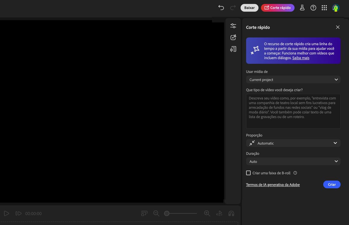O Assistente do editor de vídeo do Firefly está aberto e há opções para especificar as configurações de geração do corte preliminar e adicionar um prompt.