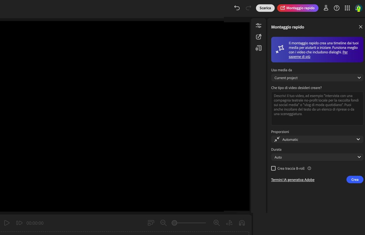 L'assistente dell'Editor video Firefly è aperto e ci sono delle opzioni per specificare le impostazioni di generazione del montaggio preliminare e aggiungere un prompt.