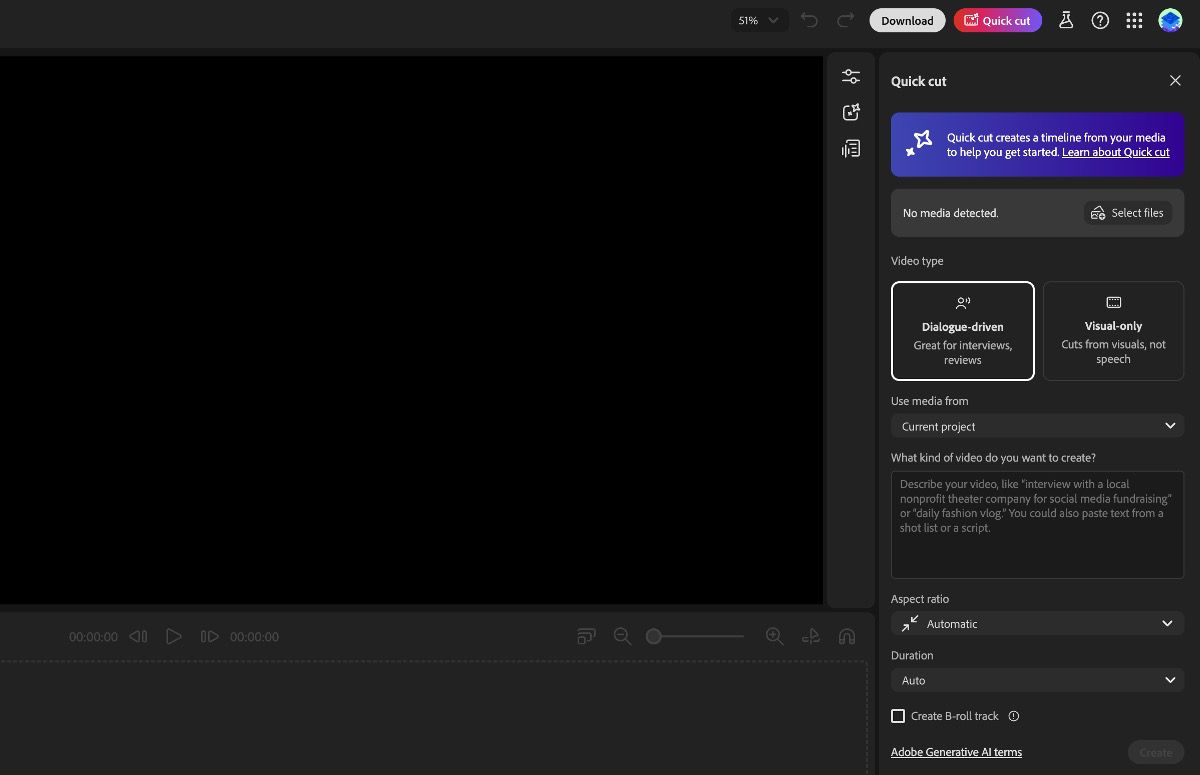 A Firefly Video (szerkesztő) Asszisztens funkciója nyitva van, és a durva vágás létrehozási beállításainak megadására és utasítás hozzáadására szolgáló lehetőségek láthatók.