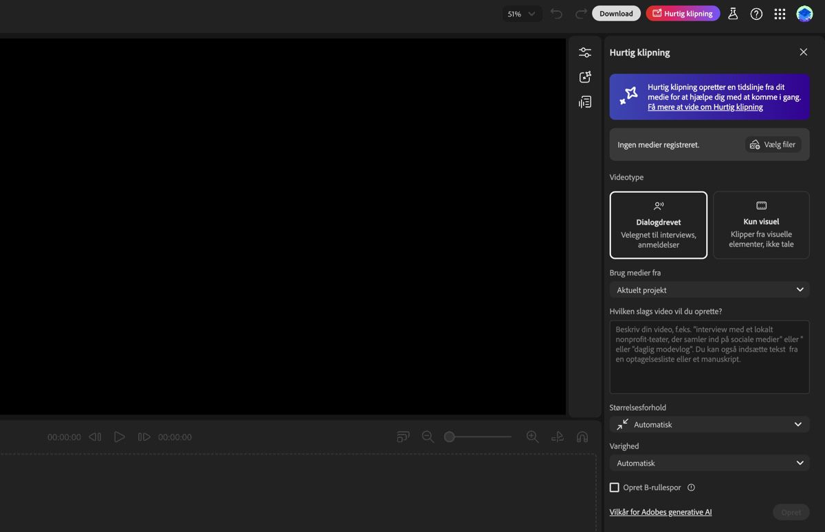 Firefly-videoeditorassistenten er åben, og der er muligheder for at specificere indstillinger for råklip-generering og tilføje en prompt.