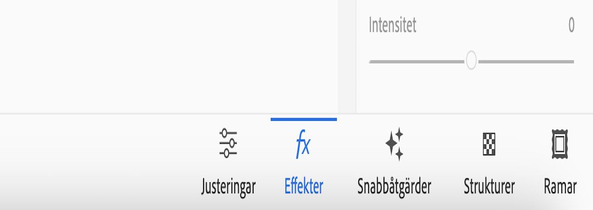 Ikonerna för Justeringar, Effekter, Snabbåtgärder, Texturer och Ramar visas på startsidan för Photoshop Elements.