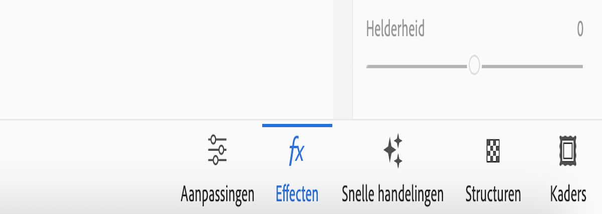 De pictogrammen Aanpassingen, Effecten, Snelle handelingen, Structuren en Frames worden weergegeven op de startpagina van Photoshop Elements.