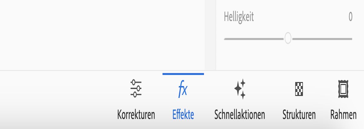 Auf der Startseite von Photoshop Elements werden Symbole für Korrekturen, Effekte, Schnellaktionen, Strukturen und Rahmen angezeigt.