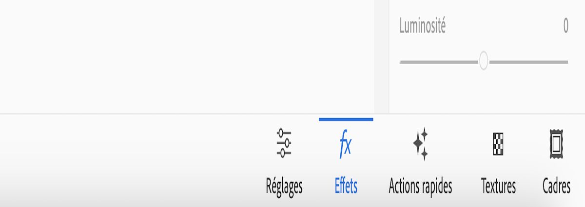 Les icônes Réglages, Effets, Actions rapides, Textures et Cadres sont affichées sur la page d’accueil de Photoshop Elements.