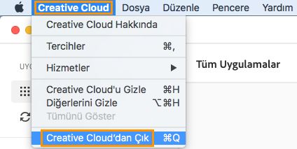 Creative Cloud masaüstü uygulamasından çıkma seçeneği
