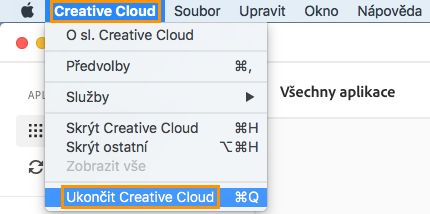 Možnost k ukončení aplikace Creative Cloud pro stolní počítače