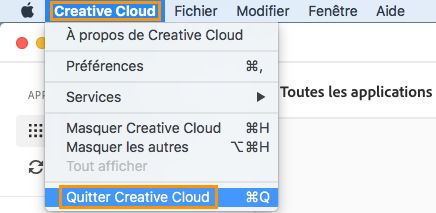 Option pour quitter l’application de bureau Creative Cloud