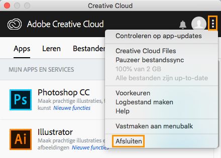 Optie om Creative Cloud-desktopapp af te sluiten (oude versie)