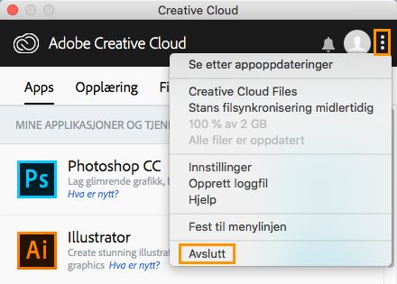 Alternativ for å avsluttet Creative Cloud-skrivebordsappen (eldre versjon)