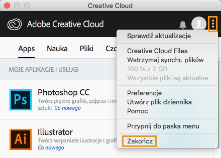 Opcja zakończenia aplikacji Creative Cloud na komputer (Stara wersja)