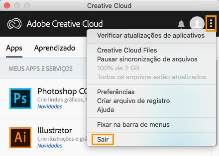 Opção para sair do aplicativo de desktop Creative Cloud (versão antiga)