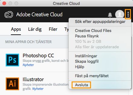 Alternativ för att avsluta Creative Cloud-datorprogram (gammal version)