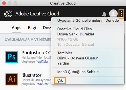 Creative Cloud masaüstü uygulamasından çıkma seçeneği (Eski sürüm)