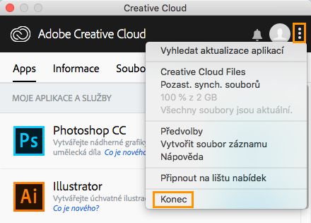 Možnost k ukončení aplikace Creative Cloud pro stolní počítače (starší verze)