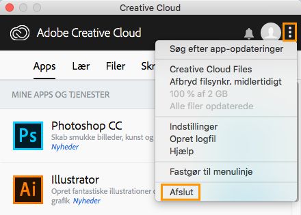 Mulighed for at afslutte Creative Cloud-computerappen (gammel version)