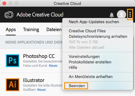 Option zum Schließen der Creative Cloud Desktop-Applikation (alte Version).