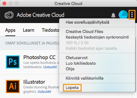 Creative Cloud -tietokonesovelluksen sulkemisvaihtoehto (vanha versio)