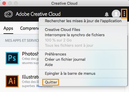 Option pour quitter l’application de bureau Creative Cloud (ancienne version)