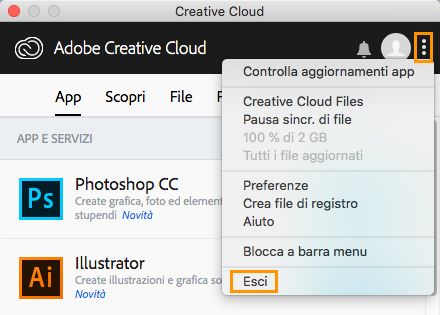 Opzione per uscire dall’app desktop Creative Cloud (versione precedente)