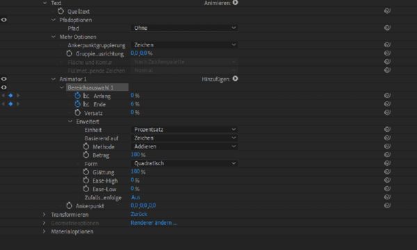 Erweitern der Eigenschaftengruppe „Bereichsauswahl“ und Festlegen der Keyframes für die Eigenschaften „Start“ oder „Ende“
