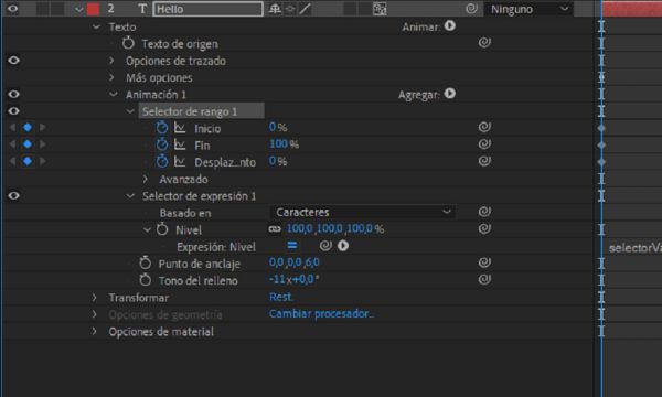 Expandir el grupo de propiedades del selector de rango y definir los fotogramas clave para las propiedades de inicio y fin