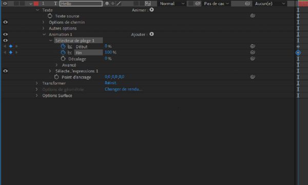 Développez le groupe de propriétés Sélecteur de plage et définissez des images clés pour les propriétés de début ou de fin.