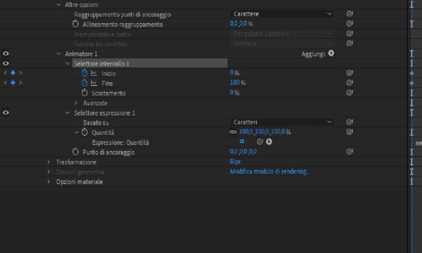 Espandere il gruppo di proprietà Selettore intervallo e impostare i fotogrammi chiave per le proprietà Inizio o Fine