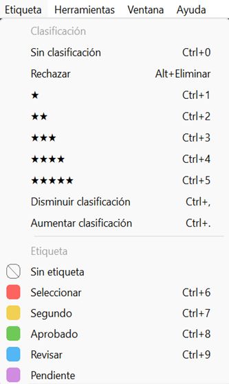 Clasificar archivos mediante la opción de etiqueta de la barra de menús en Bridge.