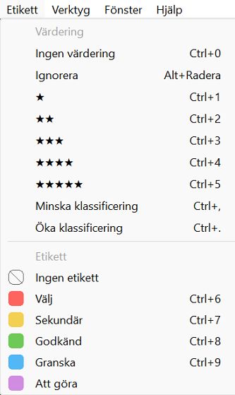 Betygsätt filer med alternativet Etikett på menyraden i Bridge.