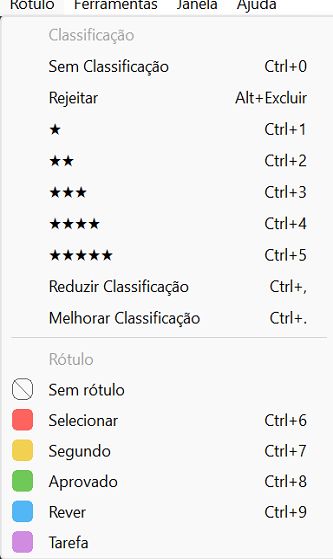 Avalie os arquivos usando a opção Rótulo na barra de menus no Bridge.