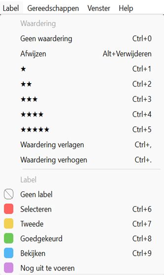 Bestanden waarderen met de optie Label in de menubalk van Bridge.