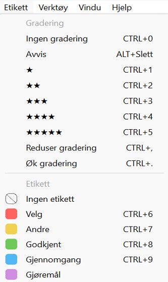 Grader filer ved å bruke Etikett-alternativet i menylinjen i Bridge.