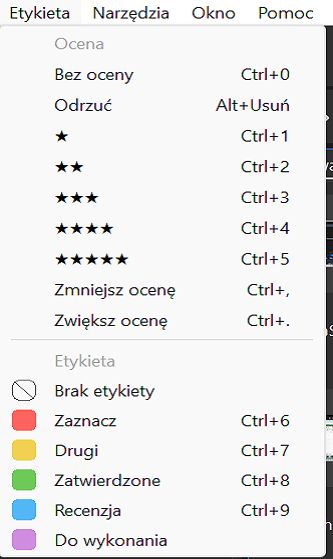 Ocenianie plików za pomocą opcji Etykieta na pasku menu programu Bridge.