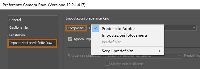 Configurazione delle impostazioni predefinite raw