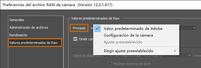 Establecer valores predeterminados de RAW