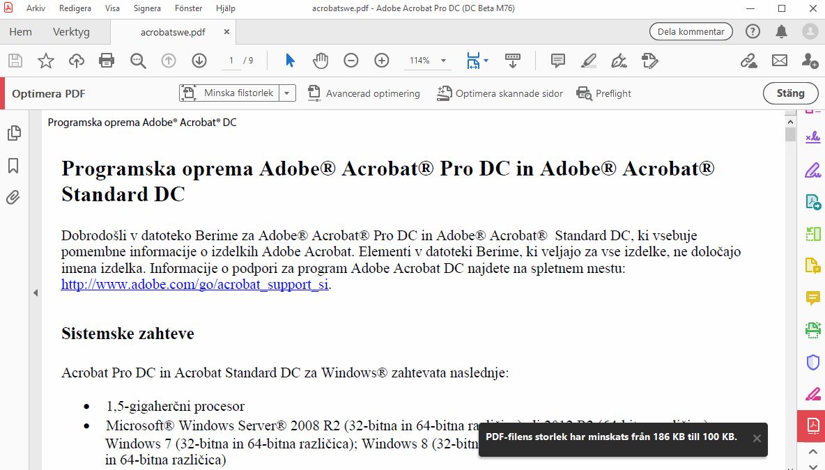 Meddelande om att filstorleken har minskats