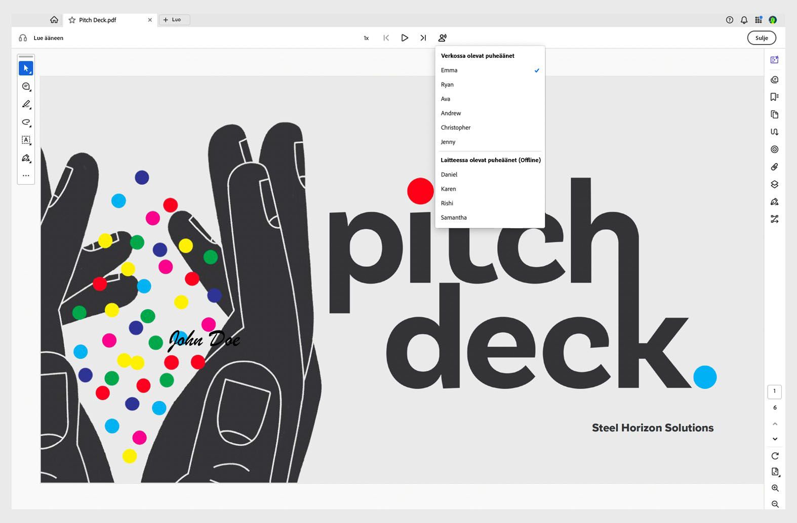 Acrobatin Lue ääneen -asetukset, joissa näkyy maksulliset äänivaihtoehdot.